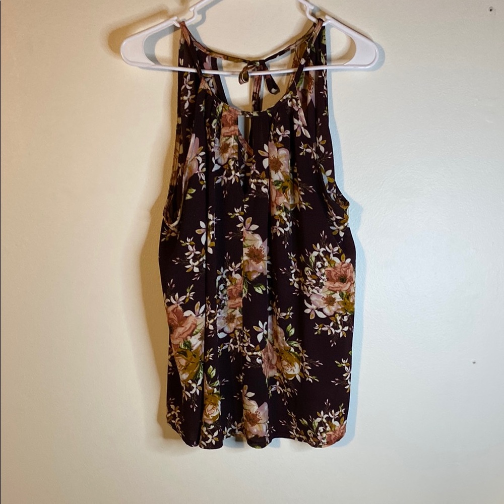 Blue Rain Sleeveless Floral Print Top in Chocolate Brown, Sz L